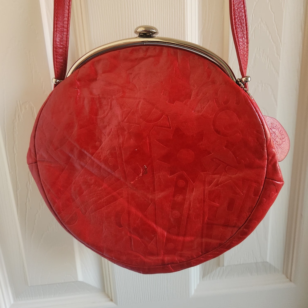 Vintage Cherry Red Lock Closure Hand Bag Genuine Leather Purse - Picture 7 of 8